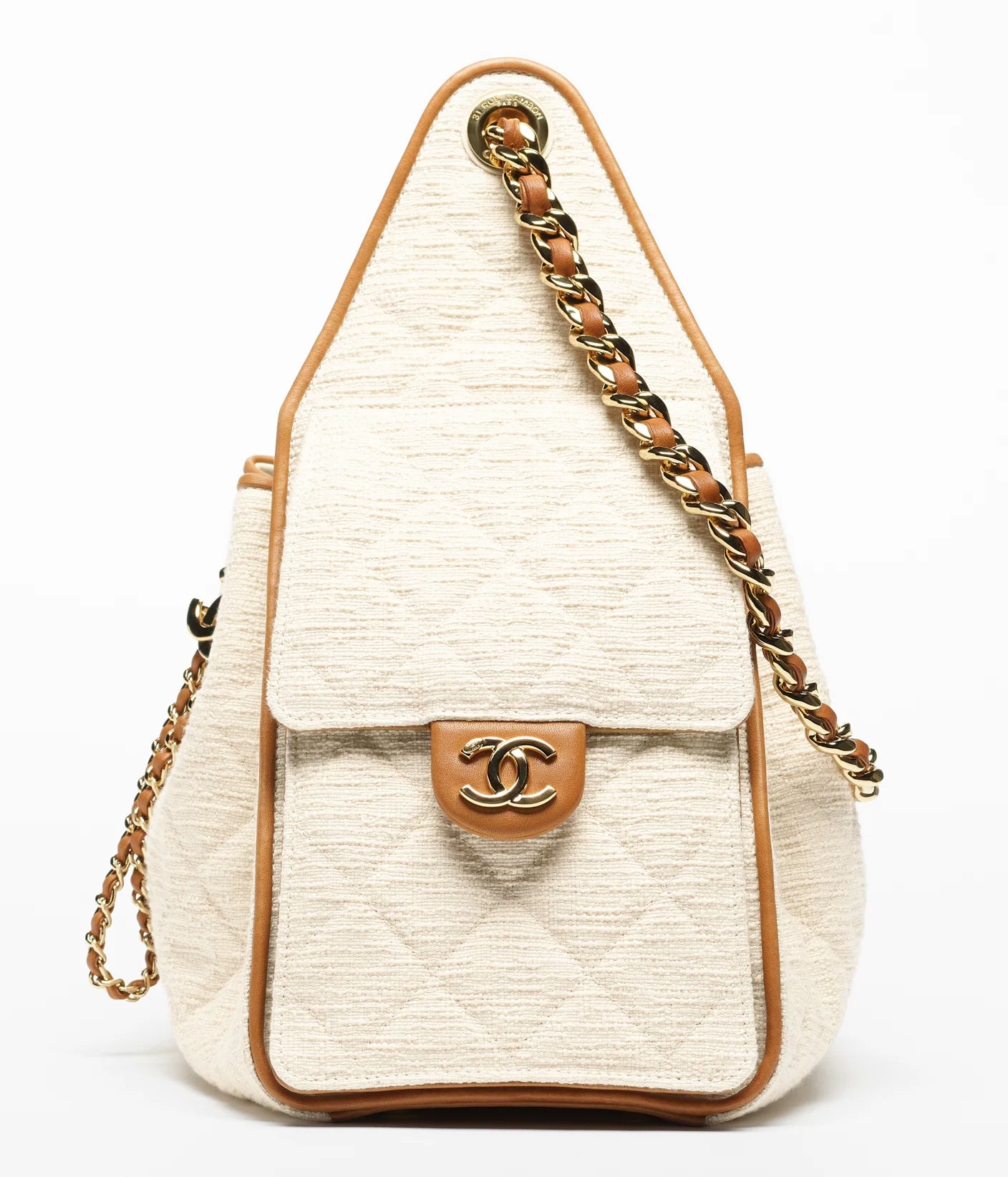 Effortlessly Luxurious — Chanel Canvas & Calfskin Gold-Tone Bag in Ecru & Camel