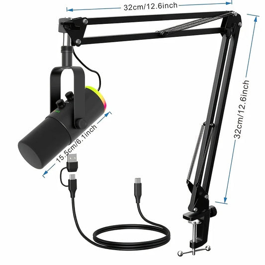 XLR/USB Gaming Microphone Kit: Dynamic PC Mic for Streaming Podcasting, Software Support, Mute Button, RGB Computer Mic