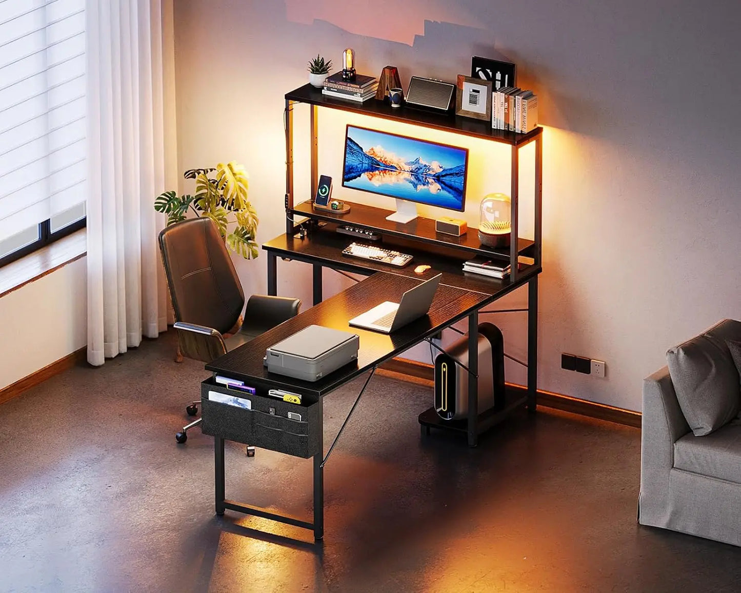 61 Inch L Shaped Desk with LED Lighting, Reversible Gaming Desk with Power Outlets, Cornor Computer Table with, Customized