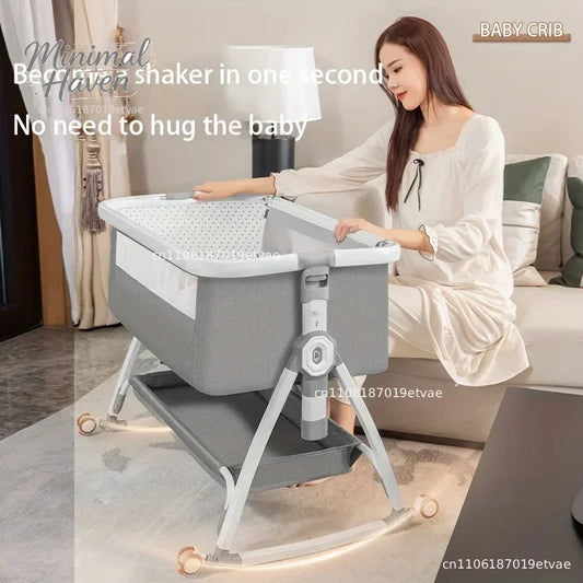 Multi Functional Crib with Foldable Height Adjustment Splicing, Portable and Movable Bedside Swing, Cradle, Sleeping Bed