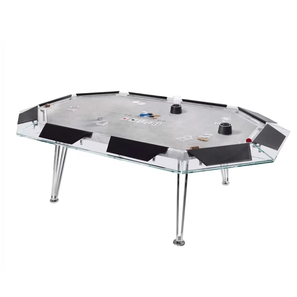 Professional 10 Seat Casino Gambling Poker Table Tempered Glass Top Stainless Steel Base Luxury Durable Commercial Gaming Table