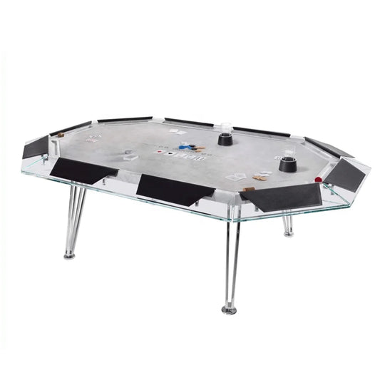 Professional 10 Seat Casino Gambling Poker Table Tempered Glass Top Stainless Steel Base Luxury Durable Commercial Gaming Table