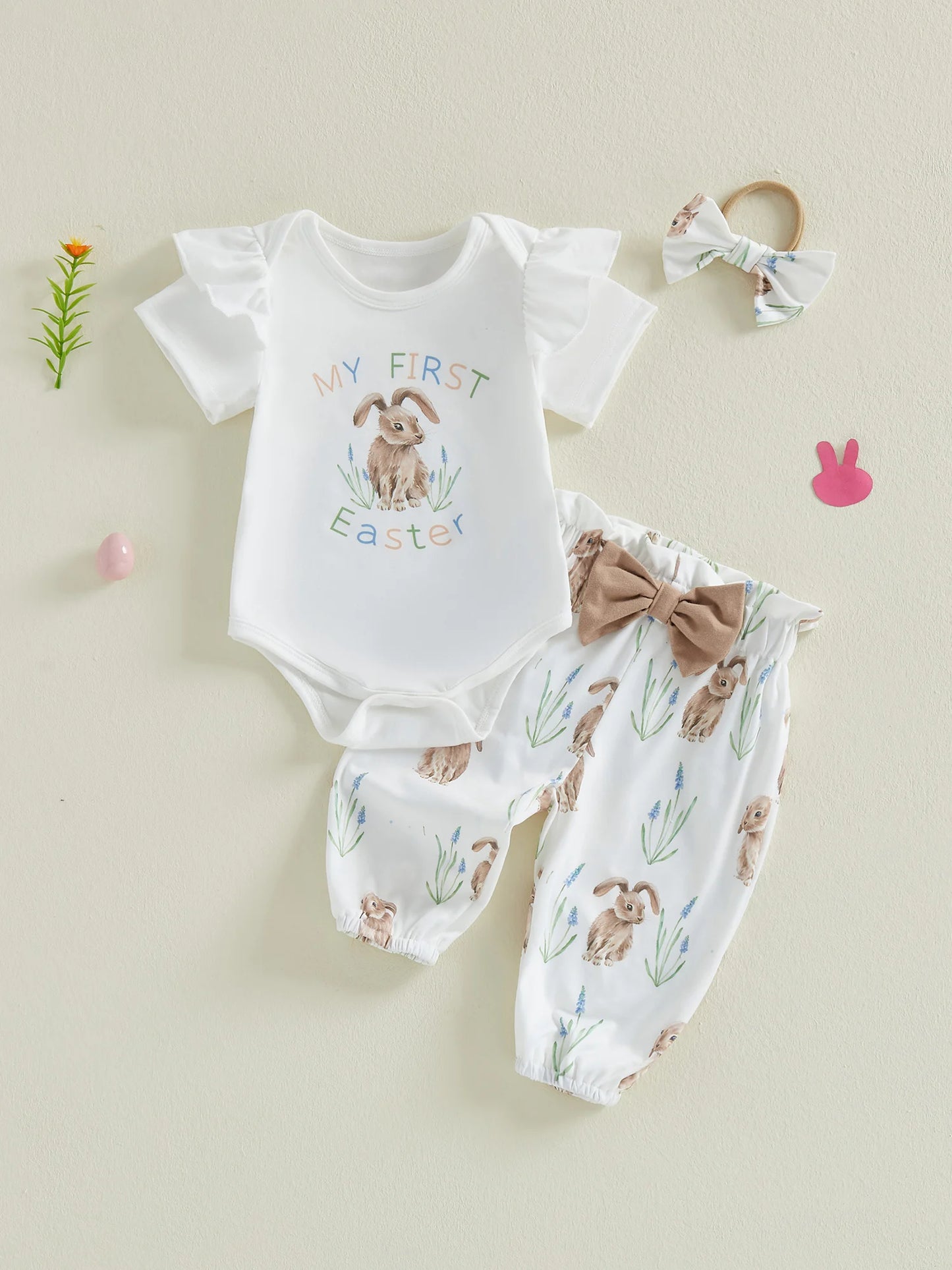 Adorable Toddler Easter Clothes Bunny Patterned Short Sleeve Romper Pants and Headband 3 Piece Set for Baby Girls