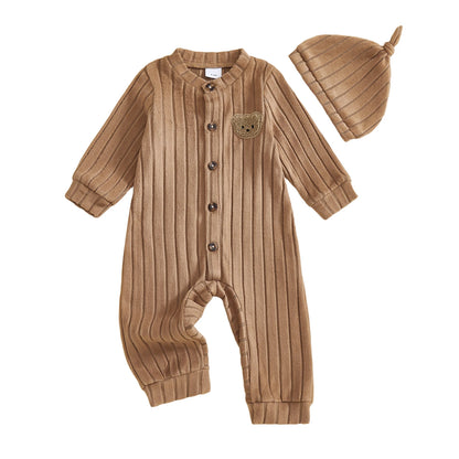 Infant Boy Romper and Beanie Set Adorable Bear Design Long Sleeve Jumpsuit with Matching Hat for Newborn Baby Outfit
