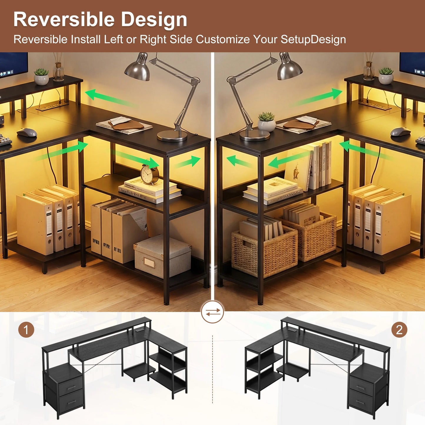 JHK 75IN L-Shaped Computer Desk with Power Outlet and LED Strip 2 Drawers For Study Office Gaming Wood Table Modern Work Table