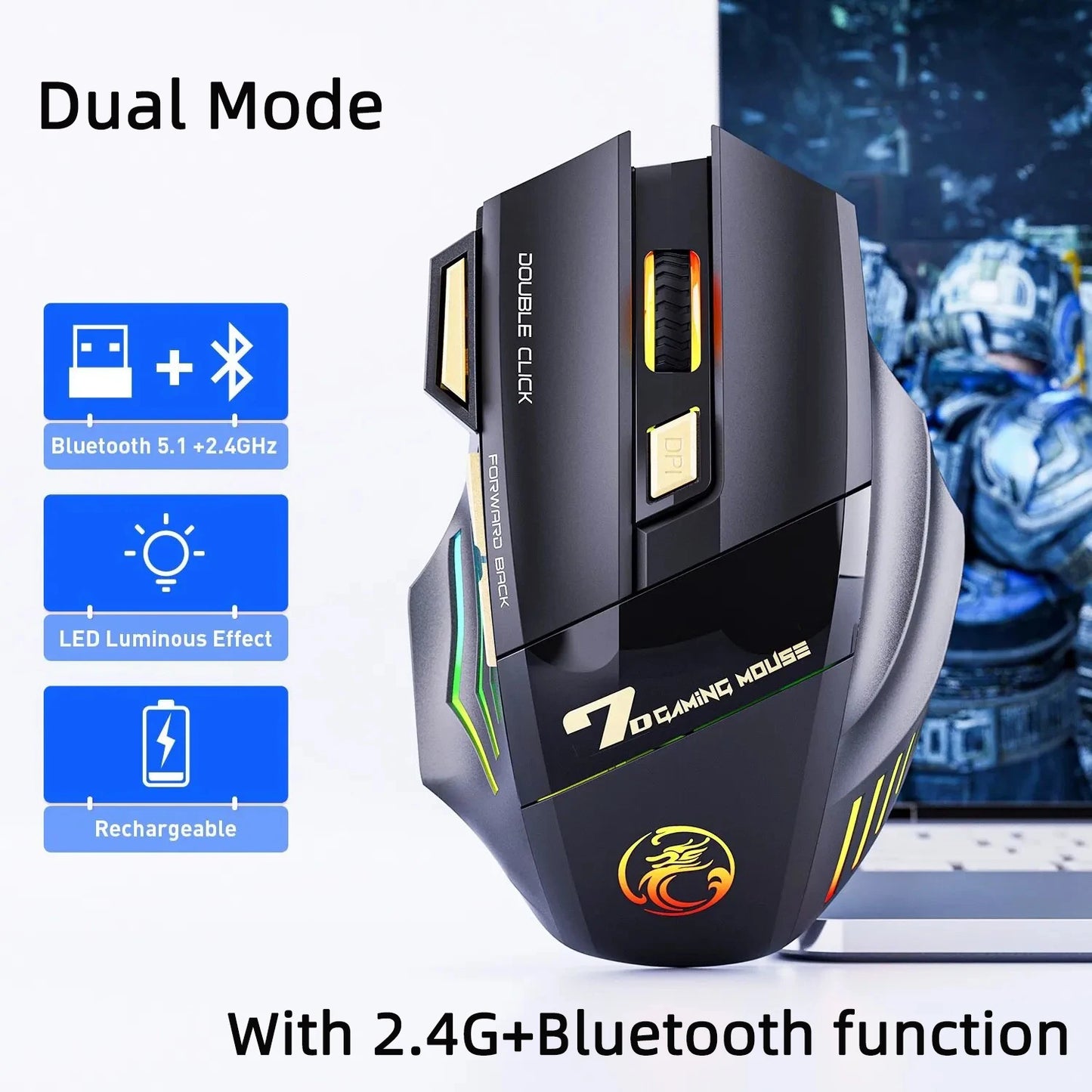 Wireless Gaming Mouse USB IMICE GW-X7 3200DPI Dual Mode Rechargeable 7 Keys 2.4Ghz Silent Mouse Bluetooth 7-color Breathing LED