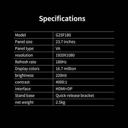 Reletech Monitor 23.8Inch 180Hz Curved Gaming Monitor 3000R FHD VA Panel 4000∶1 HDMI/DP Borderless Screen FreeSync