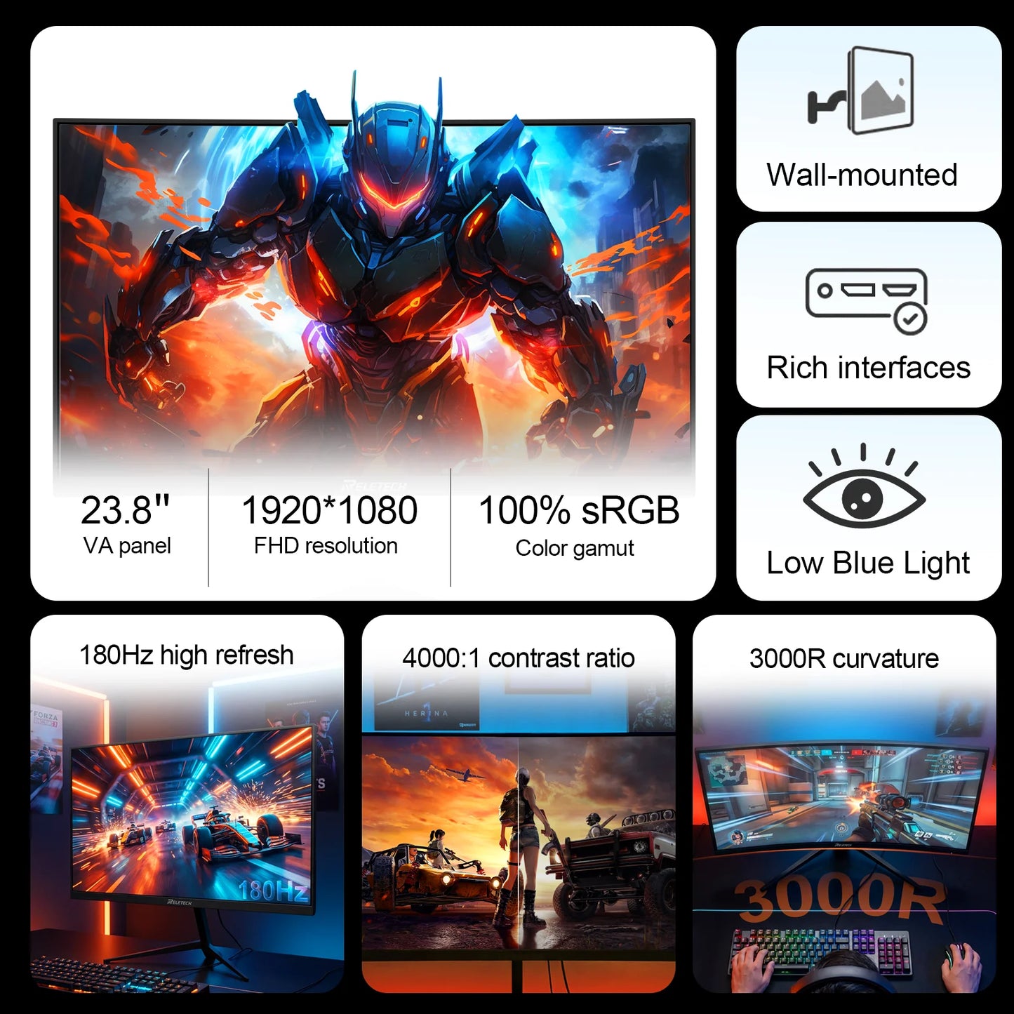 Reletech Monitor 23.8Inch 180Hz Curved Gaming Monitor 3000R FHD VA Panel 4000∶1 HDMI/DP Borderless Screen FreeSync