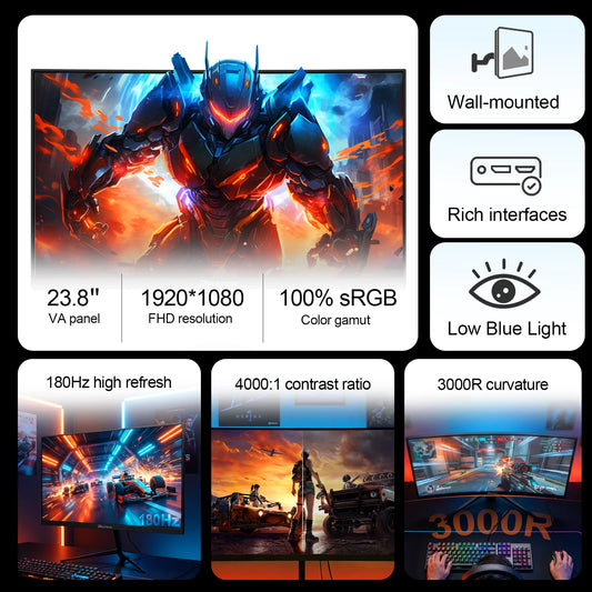 Reletech Monitor 23.8Inch 180Hz Curved Gaming Monitor 3000R FHD VA Panel 4000∶1 HDMI/DP Borderless Screen FreeSync