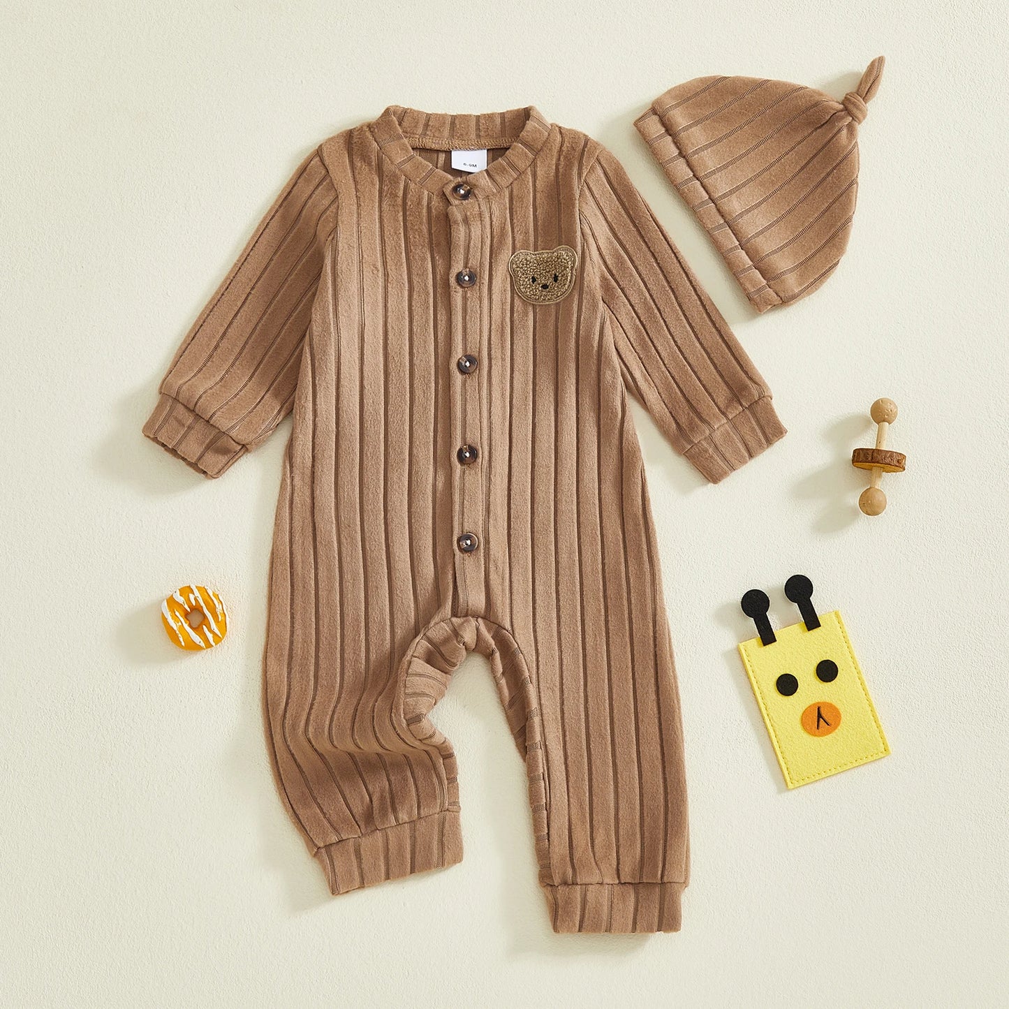 Infant Boy Romper and Beanie Set Adorable Bear Design Long Sleeve Jumpsuit with Matching Hat for Newborn Baby Outfit