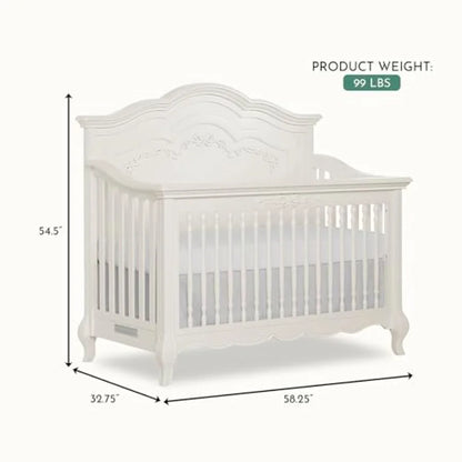 Evolur Aurora 5-in-1 Convertible Full-Size Baby Crib in, 3 Mattress HeightsRibbon Bow Scrollwork and Queen Anne Feet, Converts