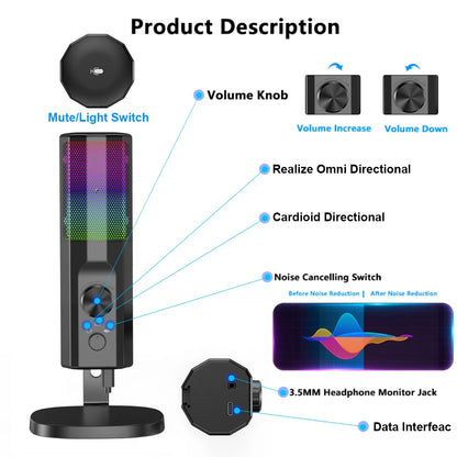 3.5mm Condenser Microphone with ENC Noise Cancelling, RGB LED Lighting, Compatible with PC/PS4/PS5/Mac/Android, Ideal for Stream