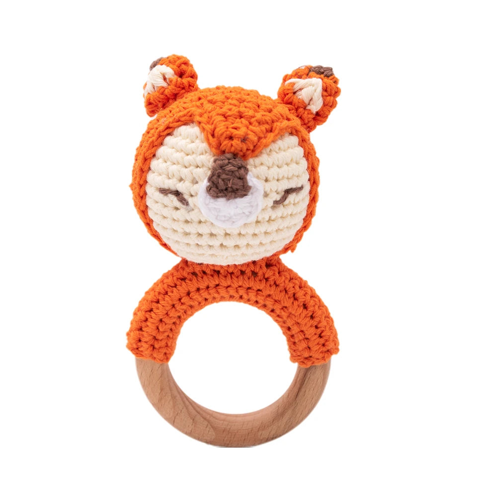 Handmade Crochet Animal Rattle Set Natural Beech Wood Ring Built in Bell Sound Teething Relief Fine Motor Skills Baby Toys Gift