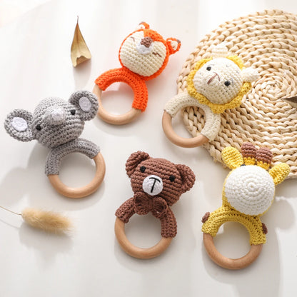 Handmade Crochet Animal Rattle Set Natural Beech Wood Ring Built in Bell Sound Teething Relief Fine Motor Skills Baby Toys Gift