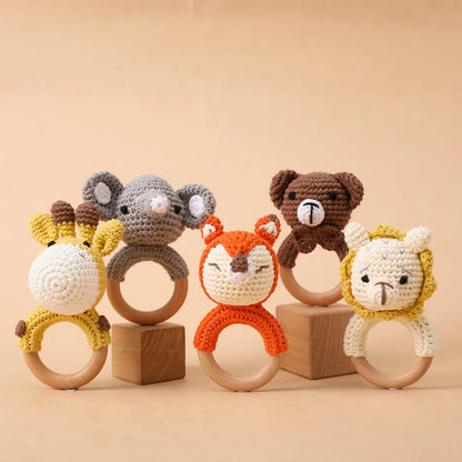 Handmade Crochet Animal Rattle Set Natural Beech Wood Ring Built in Bell Sound Teething Relief Fine Motor Skills Baby Toys Gift