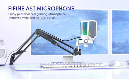 FIFINE USB Gaming Microphone Kit for PC,PS4/5 Condenser Cardioid Mic Set with Mute Button/RGB /Arm Stand,for Streaming Video