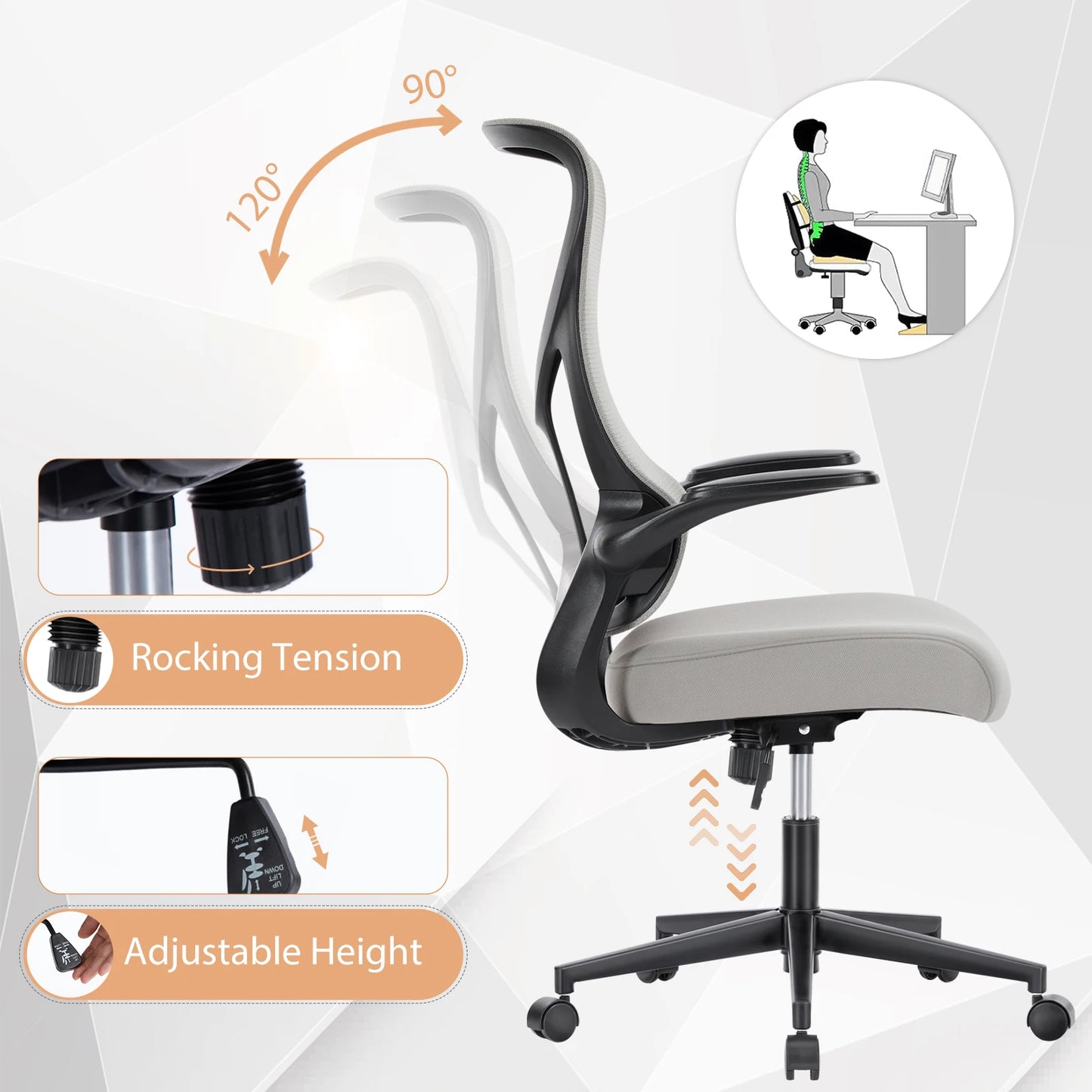 JHK Mesh Lumbar Support Office Desk Computer Chair Ergonomic High Back Swivel Rolling Gaming Chairs With Wheels And Flip-up Arms