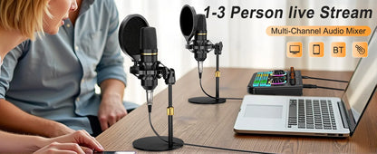 Tenlamp Podcast Equipment Bundle with 3.5mm Condenser Microphone forPc/Phone,Podcast Microphone Bundle with Live Sound Card Audio Mixer,KOL Singing Gaming DJ Mixing Station Controller Equipment Studio