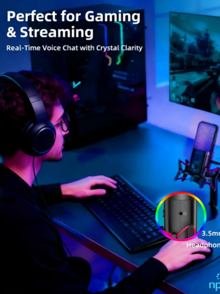 NPTCL Wireless USB Microphone for iPhone PC - RGB Gaming Mic Wired/Wireless Microphone 48Khz Studio Sound