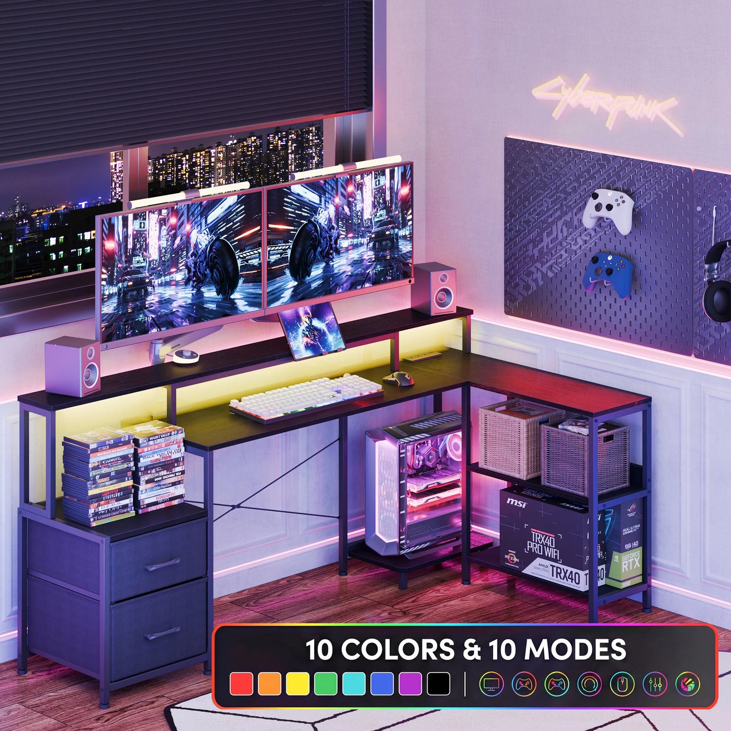 JHK 75IN L-Shaped Computer Desk with Power Outlet and LED Strip 2 Drawers For Study Office Gaming Wood Table Modern Work Table