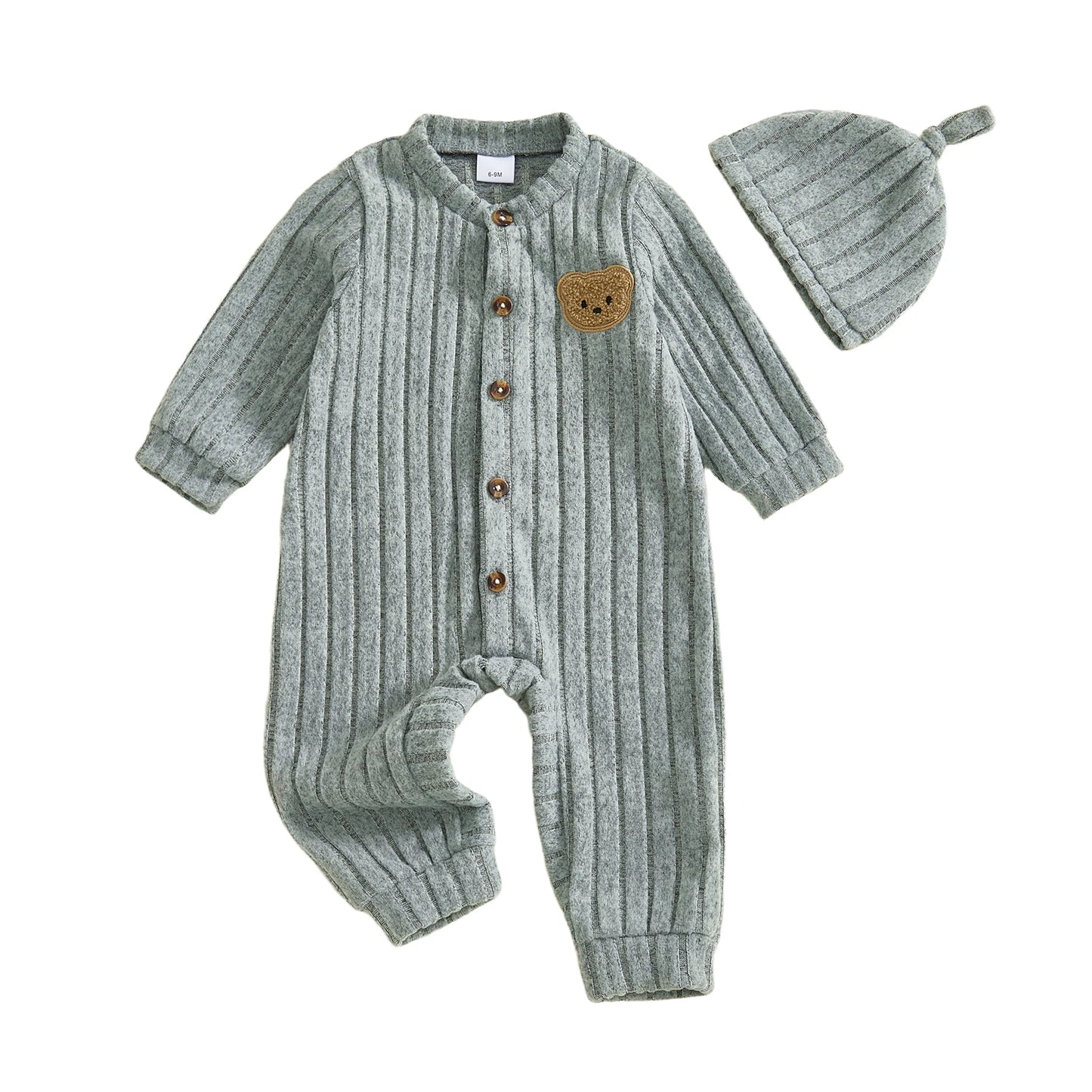 Infant Boy Romper and Beanie Set Adorable Bear Design Long Sleeve Jumpsuit with Matching Hat for Newborn Baby Outfit