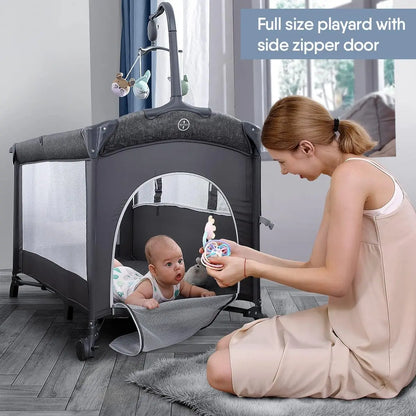 Baby Bassinet Bedside Crib, Pack and Play with Sheet, Diaper Changing Table and Music Mobile from Newborn to Toddles, Portable L