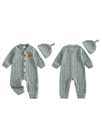 Infant Boy Romper and Beanie Set Adorable Bear Design Long Sleeve Jumpsuit with Matching Hat for Newborn Baby Outfit