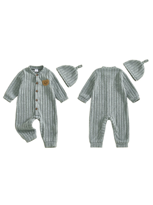 Infant Boy Romper and Beanie Set Adorable Bear Design Long Sleeve Jumpsuit with Matching Hat for Newborn Baby Outfit