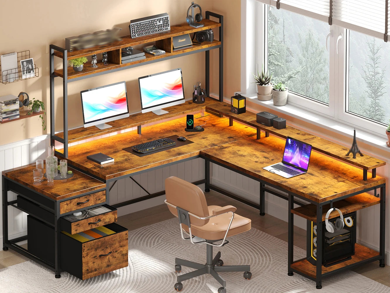 L Shaped Computer Desk with Power Outlet & Monitor Stand & LED Gaming Desk with Hutch Drawers for Living, Gaming Room