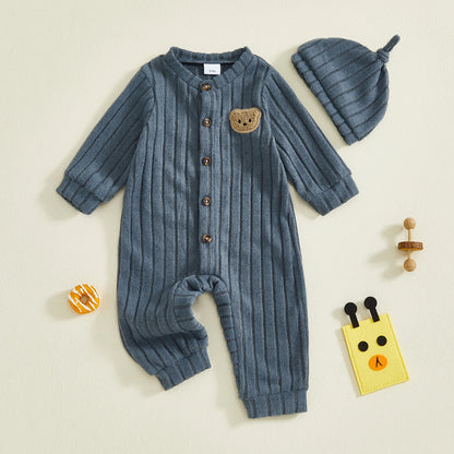 Infant Boy Romper and Beanie Set Adorable Bear Design Long Sleeve Jumpsuit with Matching Hat for Newborn Baby Outfit