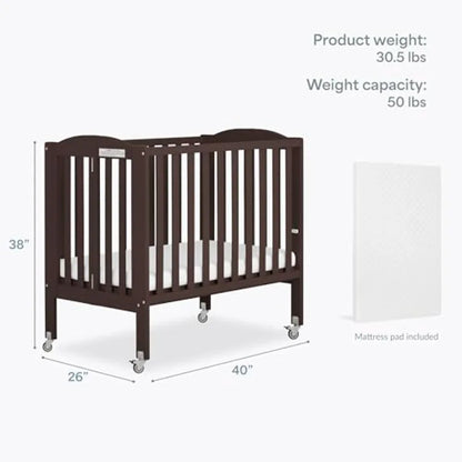 Dream On Me 2-in-1 Portable Mini Crib, Non-Full Size Baby Crib for Small Spaces, 2 Mattress Heights, Compact Travel Design, Inc