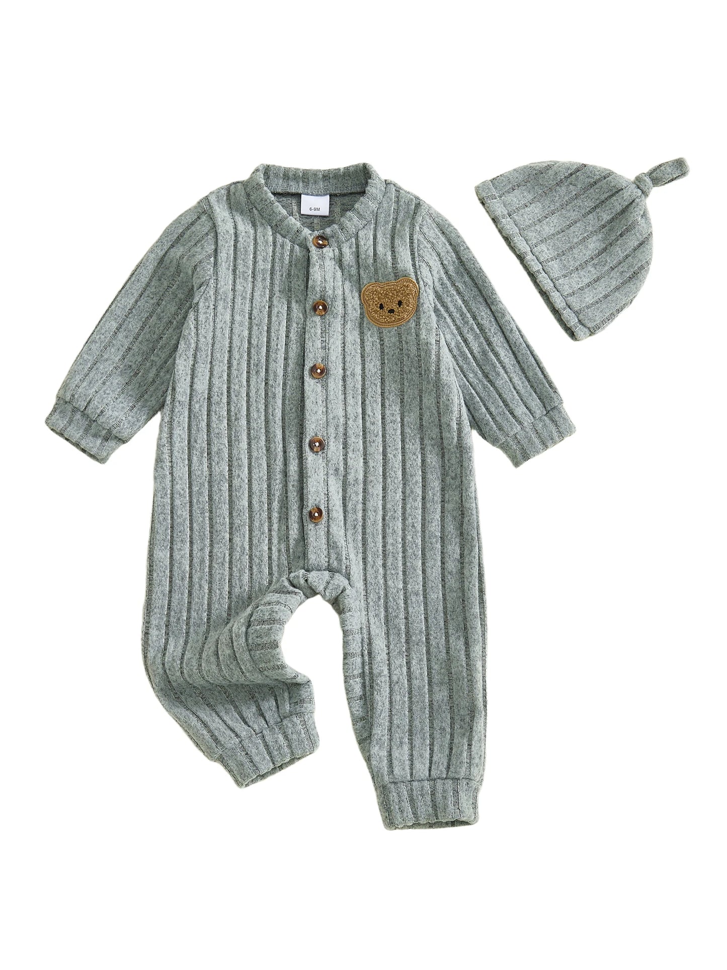 Infant Boy Romper and Beanie Set Adorable Bear Design Long Sleeve Jumpsuit with Matching Hat for Newborn Baby Outfit