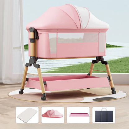 Removable Baby Cradle Bed Large Foldable Wood Crib Height Adjustment Splicing Anti-Spill Milk Feature for Living Room