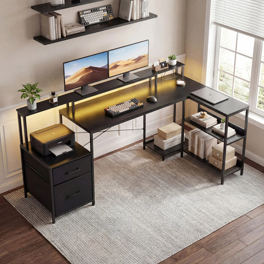 JHK 75IN L-Shaped Computer Desk with Power Outlet and LED Strip 2 Drawers For Study Office Gaming Wood Table Modern Work Table
