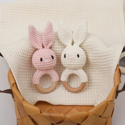 Handmade Crochet Animal Rattle Set Natural Beech Wood Ring Built in Bell Sound Teething Relief Fine Motor Skills Baby Toys Gift