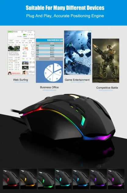 USB LED Colorful Luminous Button Gaming Mouse Wired Mouse For PC Gamer Computer Desktop Laptop Mice DPI1200 RGB Ergonomic Mouse