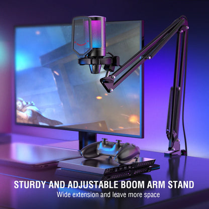 FIFINE USB Gaming Microphone Kit for PC,PS4/5 Condenser Cardioid Mic Set with Mute Button/RGB /Arm Stand,for Streaming Video