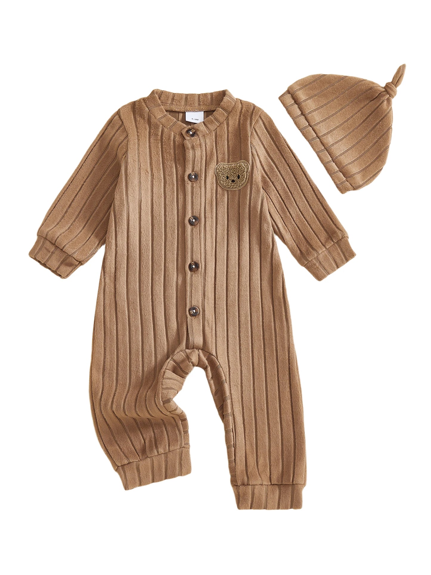 Infant Boy Romper and Beanie Set Adorable Bear Design Long Sleeve Jumpsuit with Matching Hat for Newborn Baby Outfit