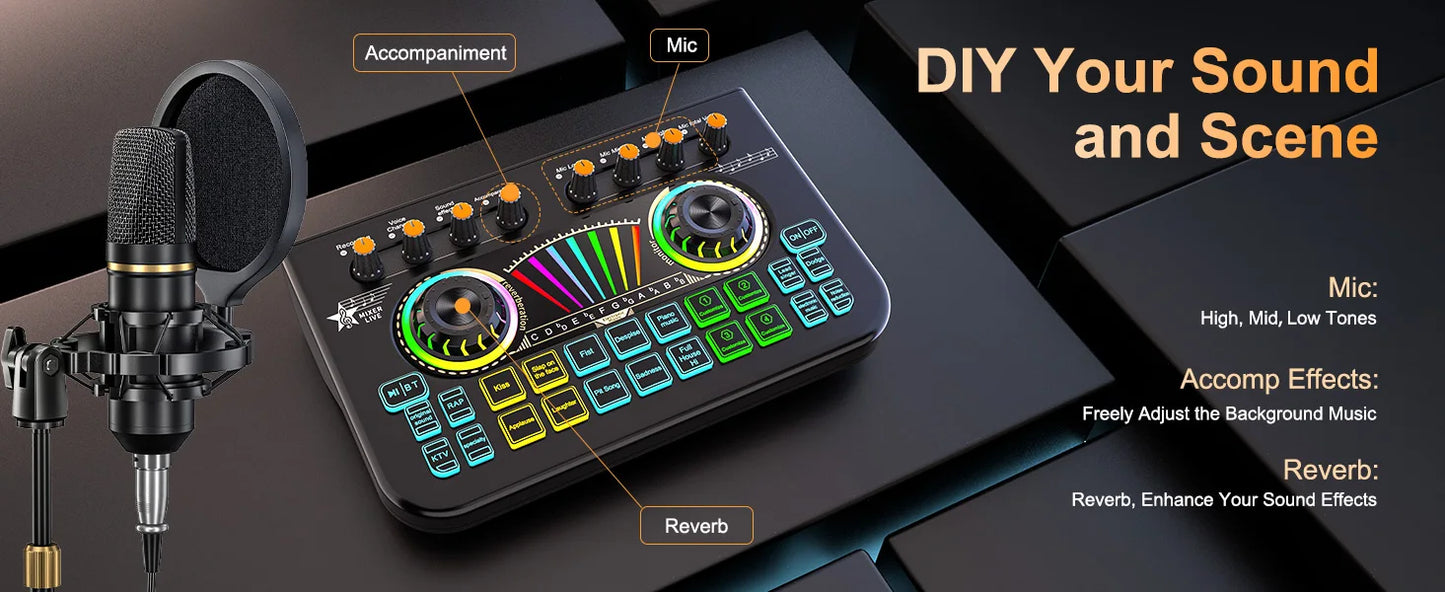 Tenlamp Podcast Equipment Bundle with 3.5mm Condenser Microphone forPc/Phone,Podcast Microphone Bundle with Live Sound Card Audio Mixer,KOL Singing Gaming DJ Mixing Station Controller Equipment Studio