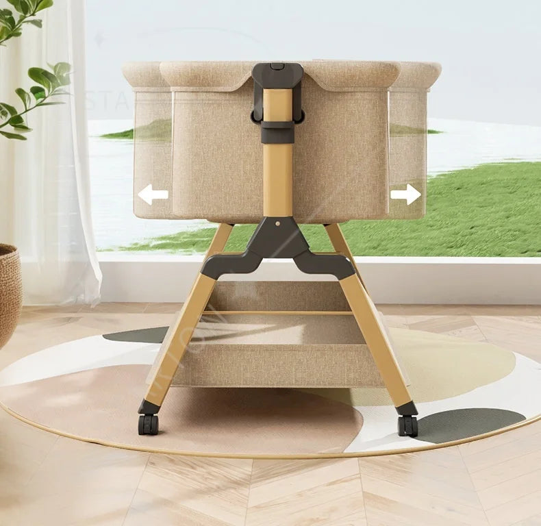 Removable Baby Cradle Bed Large Foldable Wood Crib Height Adjustment Splicing Anti-Spill Milk Feature for Living Room