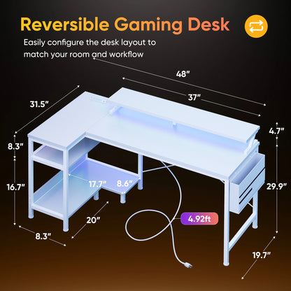 JHK 40IN to 48IN L Shaped with Storage Shelves Computer Desk Gaming Wood Table with USB Charging Ports LED Lights for Office