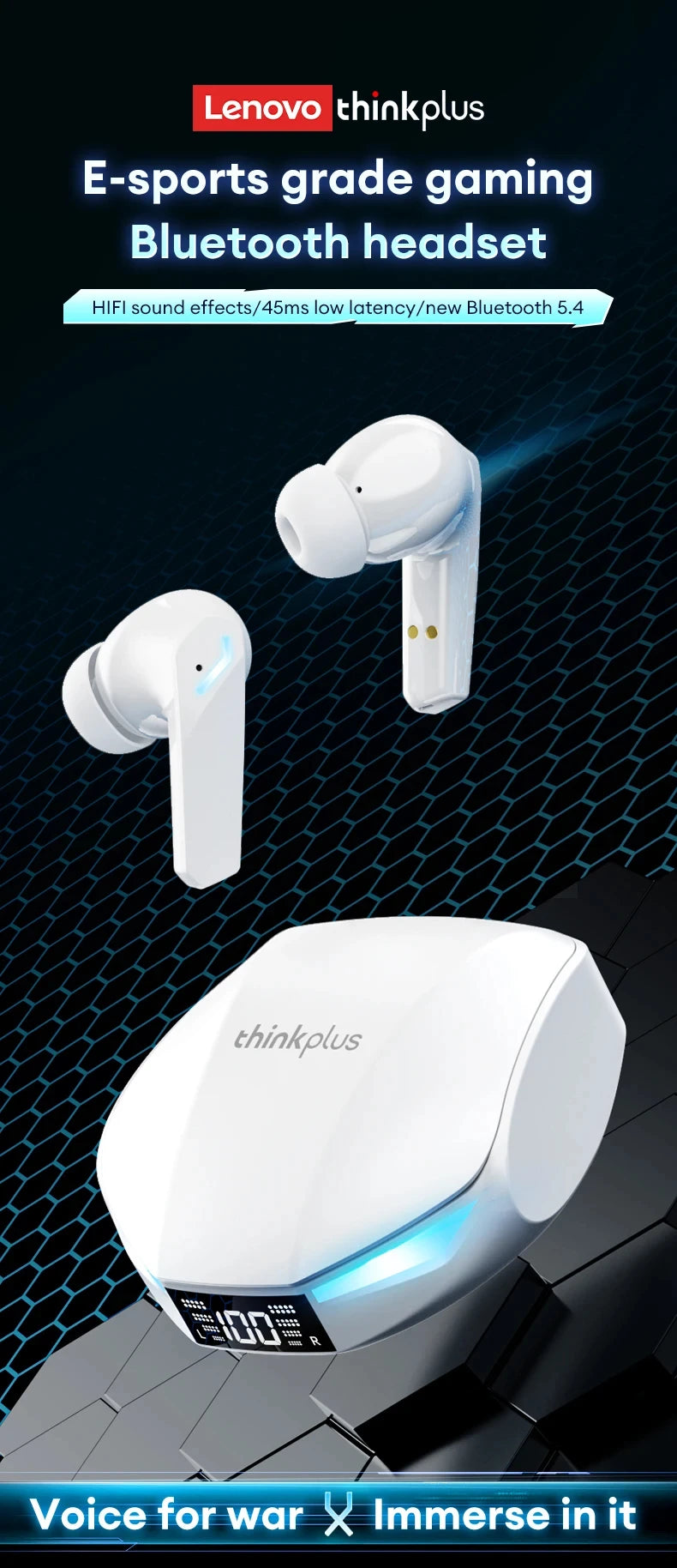 Lenovo XT53 Wireless Upgrade Bluetooth 5.4 Earphones Ultra Long Endurance Low Latency Gaming Headset LED Digital Display Earbuds