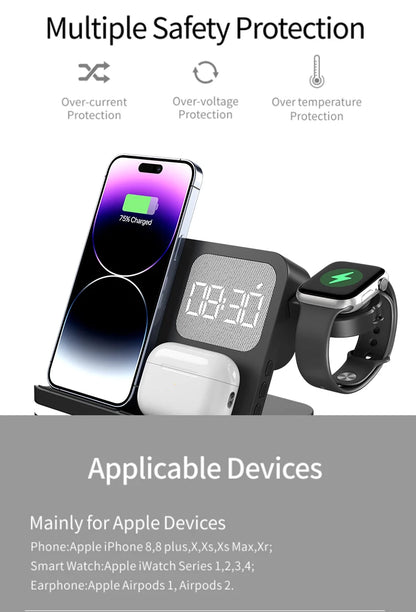 Clock, desktop, mobile phone, headphones, watch, wireless charger, both entertainment and charging not wrong