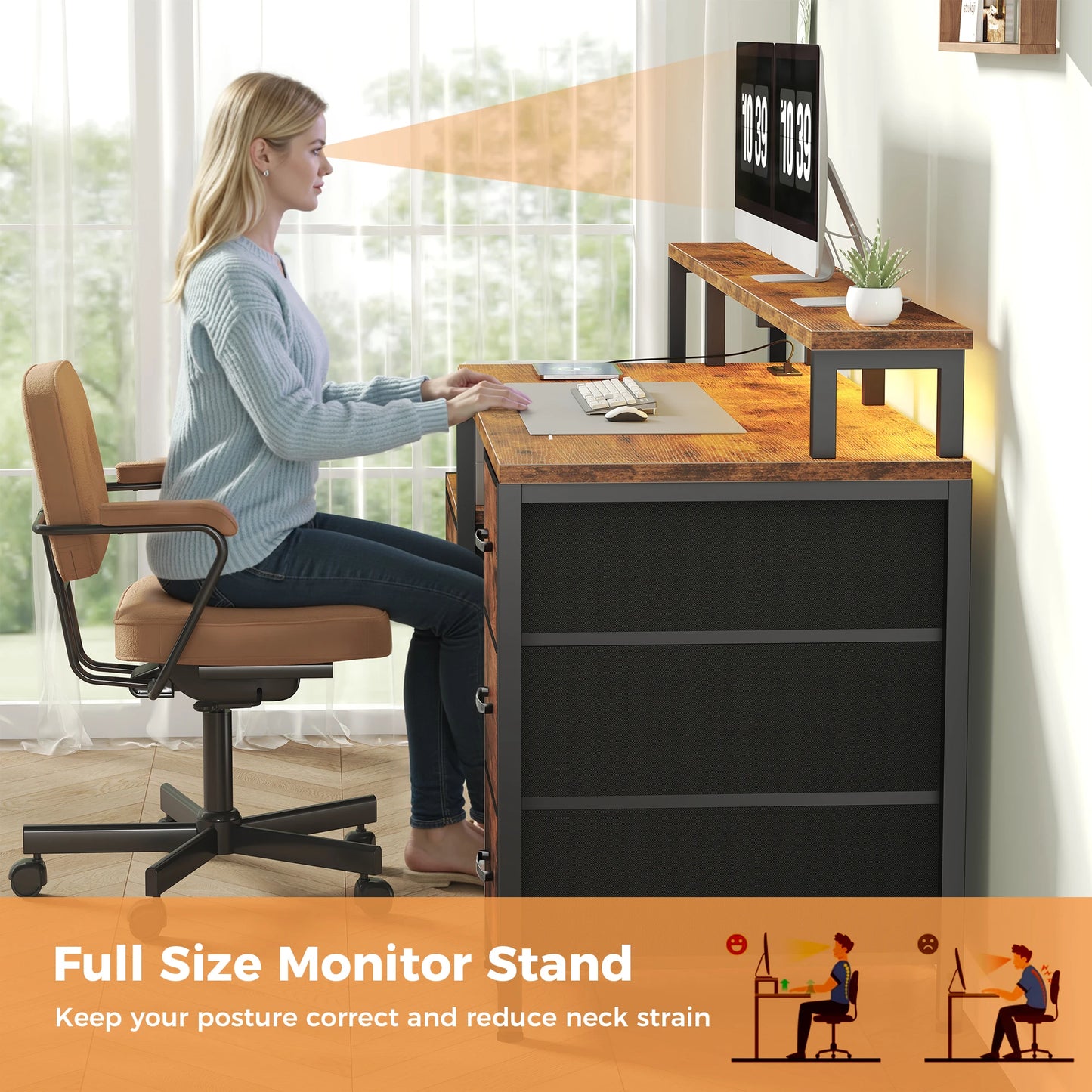JHK 67In Gaming Computer Desk with 5 Storage Drawers Wood Office Computer Desks with LED Lights Power Outlets for Office Bedroom