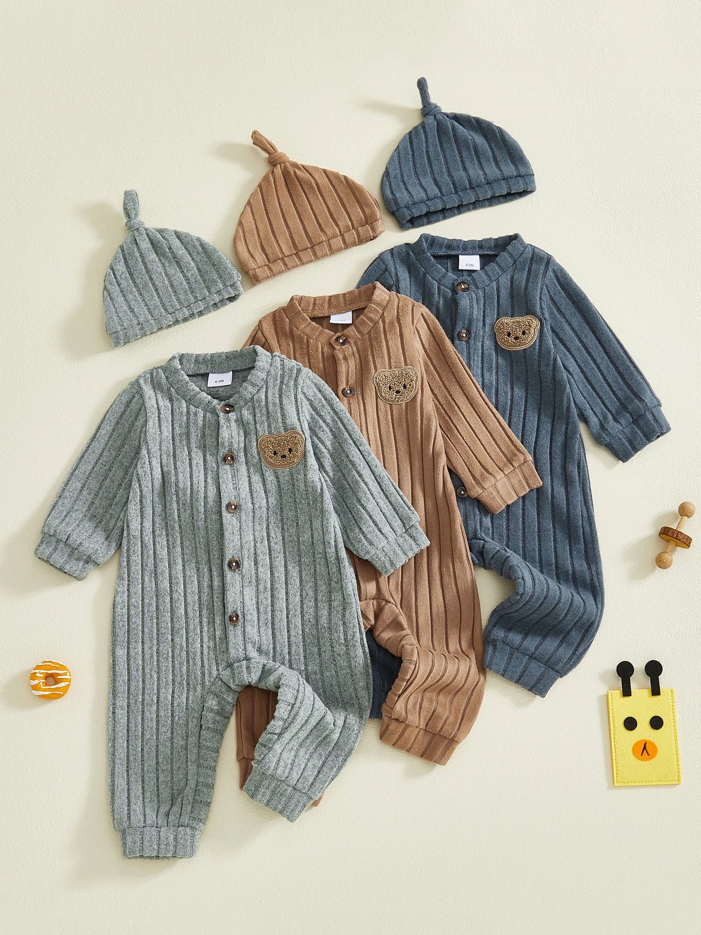 Infant Boy Romper and Beanie Set Adorable Bear Design Long Sleeve Jumpsuit with Matching Hat for Newborn Baby Outfit
