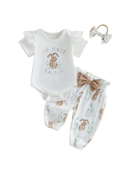 Adorable Toddler Easter Clothes Bunny Patterned Short Sleeve Romper Pants and Headband 3 Piece Set for Baby Girls