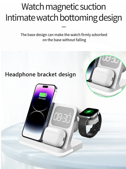 Clock, desktop, mobile phone, headphones, watch, wireless charger, both entertainment and charging not wrong