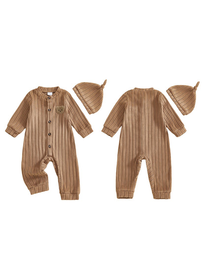 Infant Boy Romper and Beanie Set Adorable Bear Design Long Sleeve Jumpsuit with Matching Hat for Newborn Baby Outfit