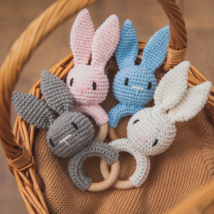 Handmade Crochet Animal Rattle Set Natural Beech Wood Ring Built in Bell Sound Teething Relief Fine Motor Skills Baby Toys Gift