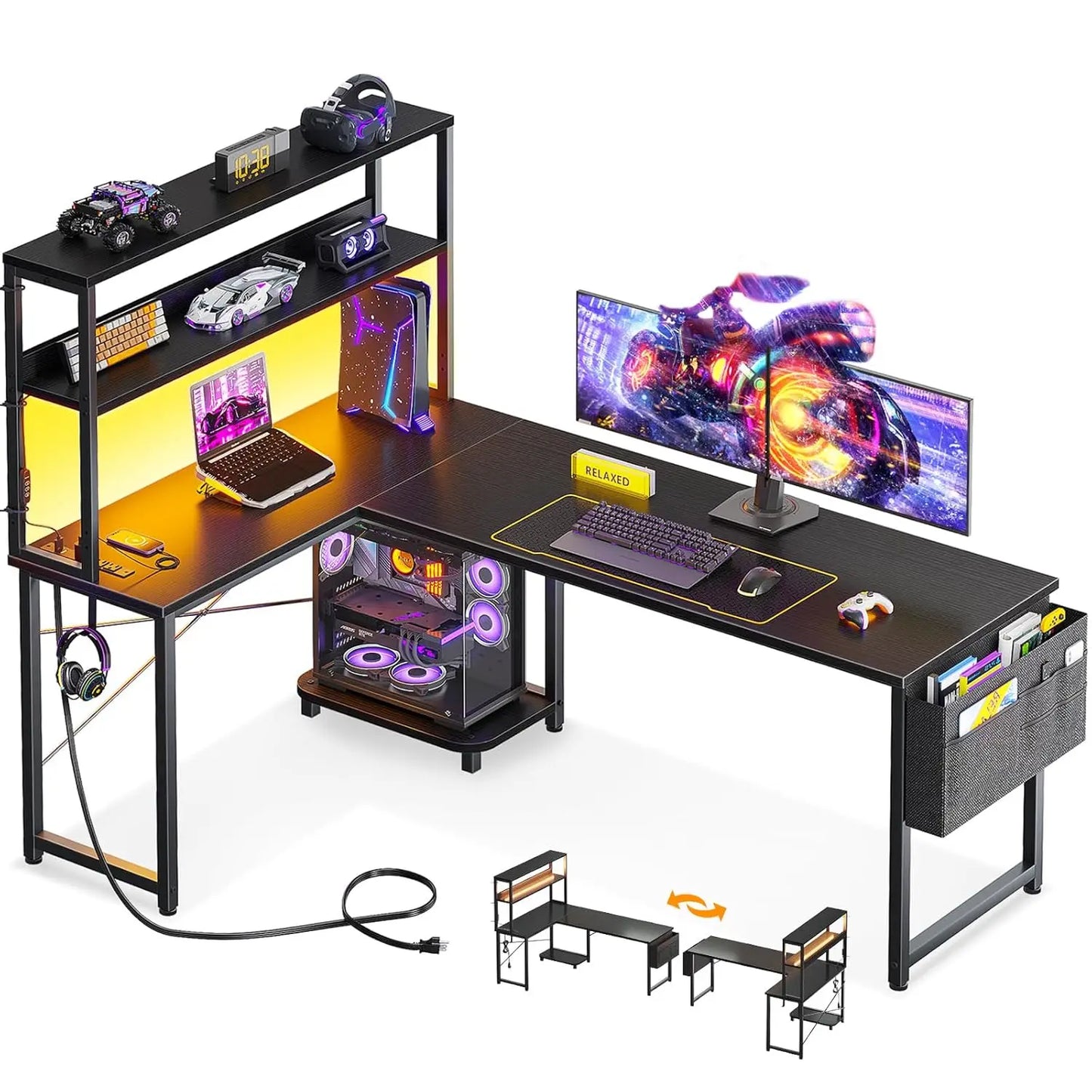 61 Inch L Shaped Desk with LED Lighting, Reversible Gaming Desk with Power Outlets, Cornor Computer Table with, Customized